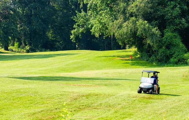 A golf cart is on a golf course.
