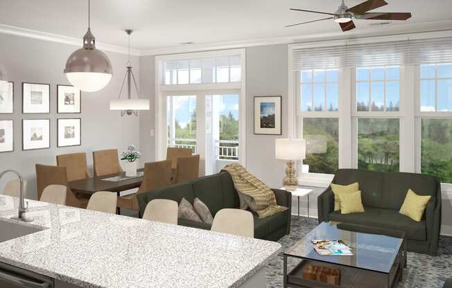 Open kitchen and living room looking out a window at St Mary's Square North Apartments, Raleigh, NC