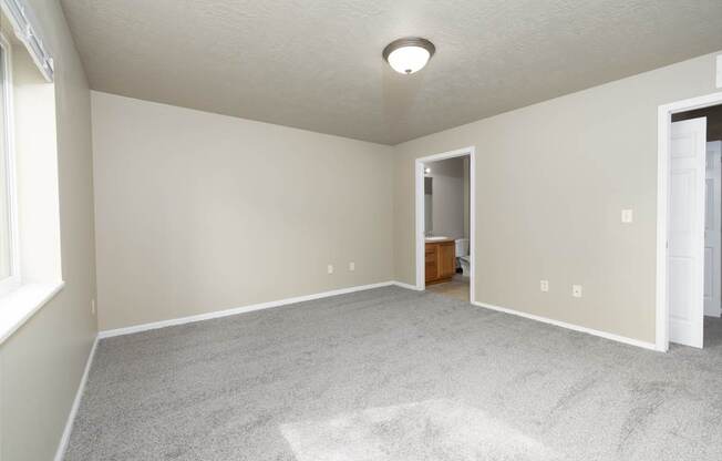 A room with a carpeted floor and a doorway leading to another room.