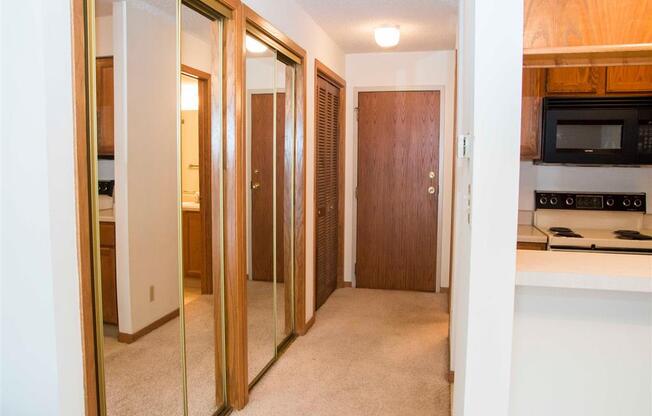 hallway including spacious closets at Capitol View Apartments in Lincoln Nebraska