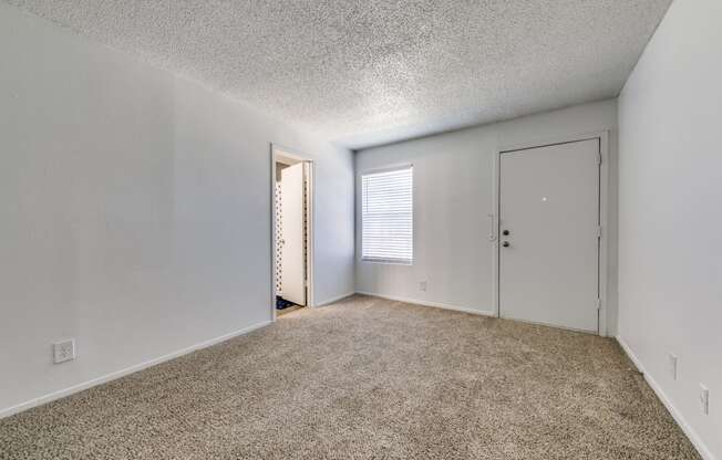 an empty living room with carpet and a door to a closet