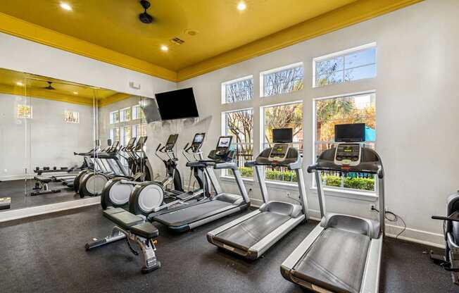 A gym with treadmills and exercise bikes.