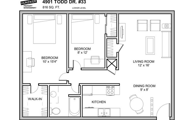 2 beds, 1 bath, 816 sqft, $845, Unit 33