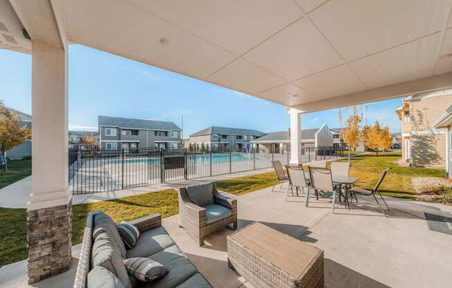 the preserve at ballantyne commons covered patio with furniture and a pool