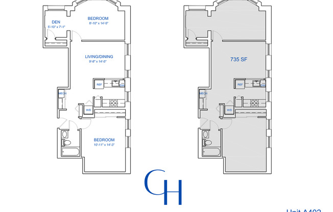 2 beds, 1 bath, 735 sqft, $2,041, Unit A-402