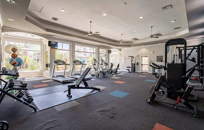 A gym with a variety of equipment including treadmills, elliptical machines, and weights.at Palazzo Townhomes, Phoenix Arizona  