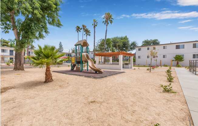A playground with a slide and a palm tree.