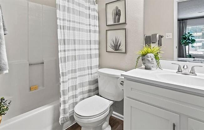 a bathroom with a toilet sink and bathtub at Trails at Short Pump Apartments, Richmond, VA, 23233