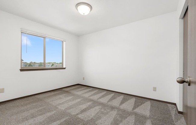 A room with a carpeted floor and a window.
