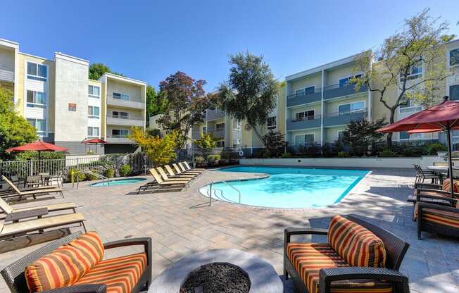 Outdoor Lounge Area  with Pool, Spa and Fireplace