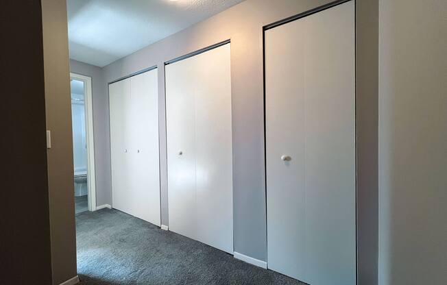 a row of white closets in a room with carpet