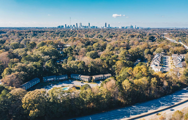 an aerial view of the campus with the philadelphia skyline in the background at Broadway at East Atlanta, Atlanta