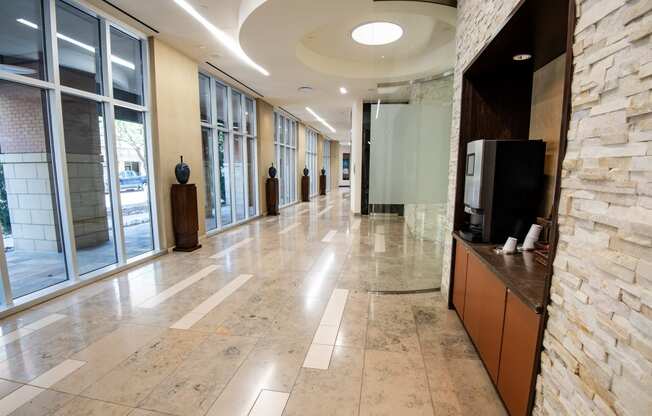 a view of the lobby from the front desk