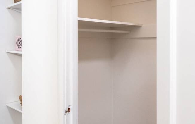 walk-in closet with built-in shelving next to it