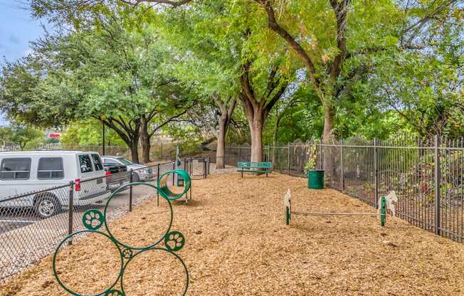 a dog park with trees and a fence and cars parked