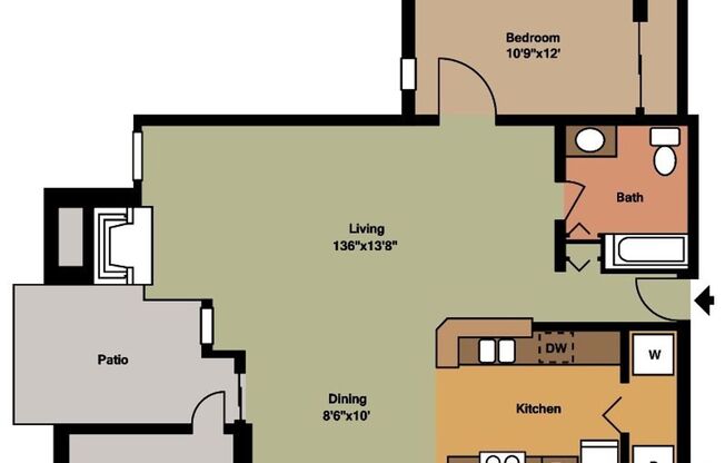 1 bed, 1 bath, 543 sqft, $1,775, Unit F202