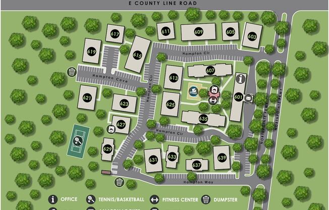 A map of a community with a tennis/basketball court, fitness center, and Amazon locker.