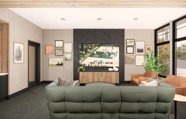 The clubroom at Modera Bridle Trails features warm, inviting seating and thoughtfully designed spaces perfect for relaxing or gathering.