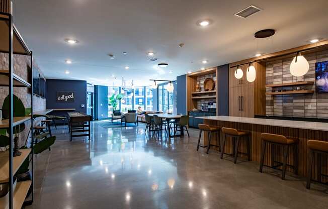 a restaurant with blue walls and a white counter top