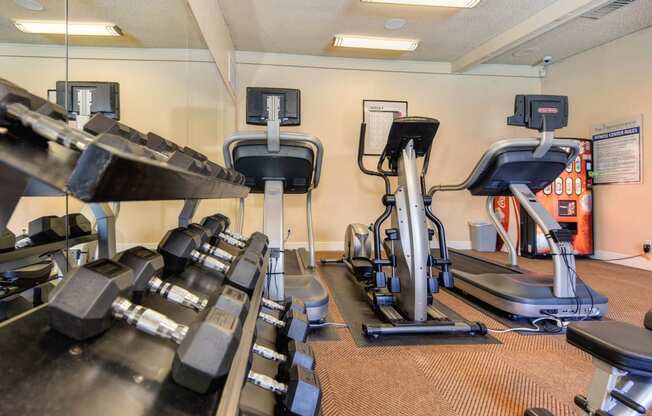 Free weight and cardio equipment in the fitness center.