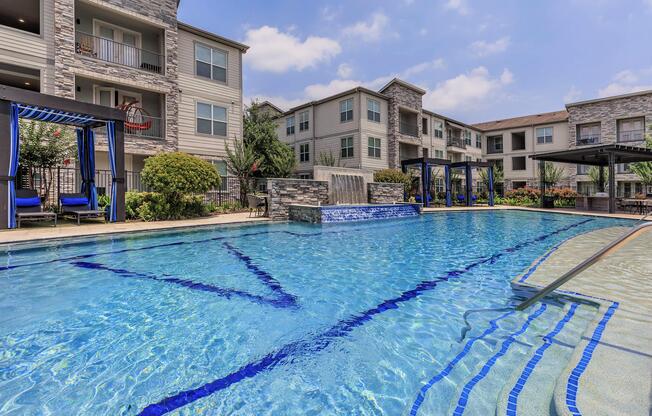 a pool next to a building