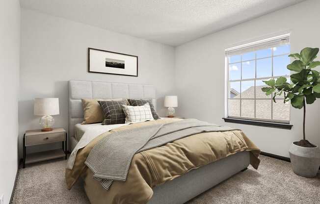 a bedroom with a bed and a window