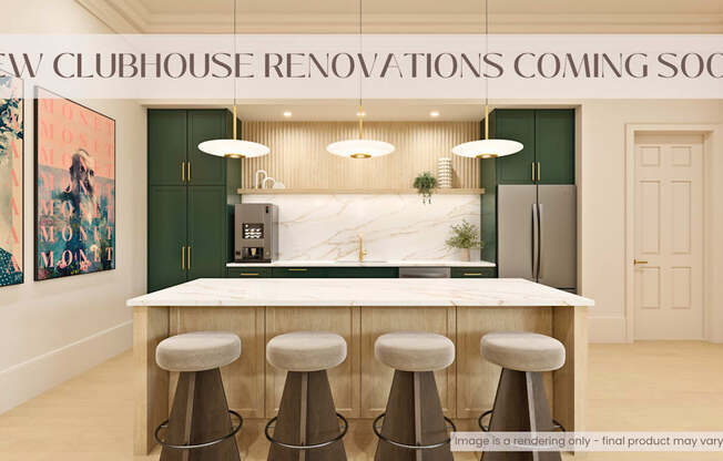 A clubhouse with a bar and stools is under renovation.