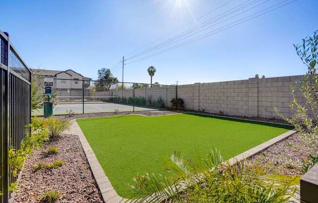 A backyard with a green lawn and a fence.