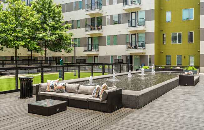 Serene Outdoor Seating with Peaceful Fountain