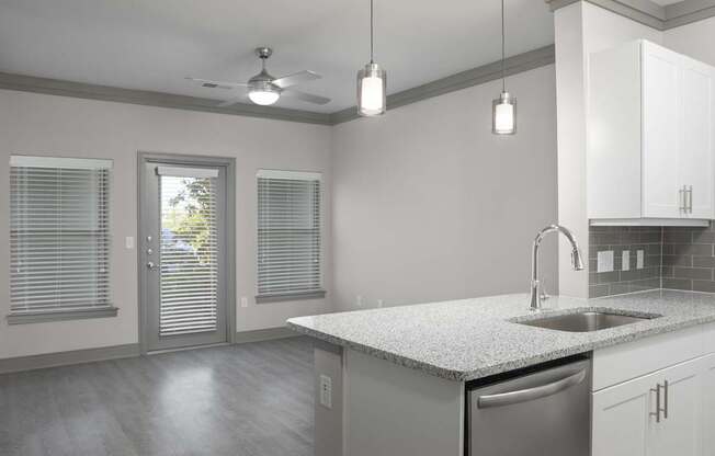 A kitchen with a sink, dishwasher, and cabinets.