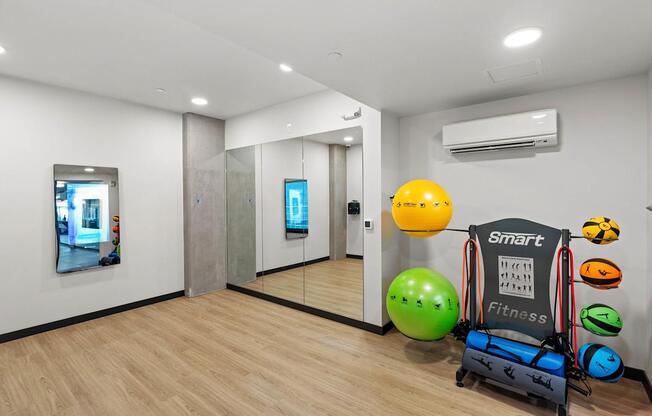A room with a Smart Fitness ball and chair.
