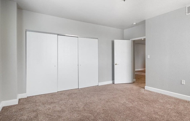 an empty living room with white closet doors