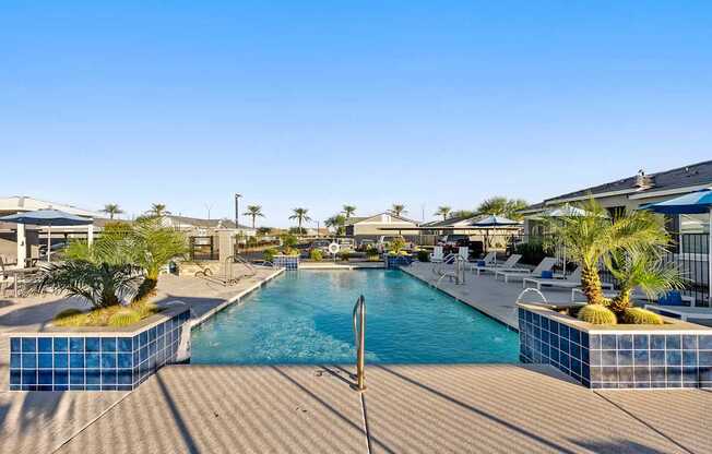 A pool surrounded by palm trees and a clear blue sky.