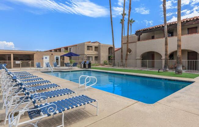 a pool next to a building