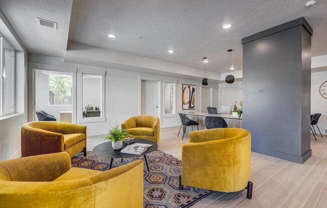 Yellow arm chairs in large room with several windows