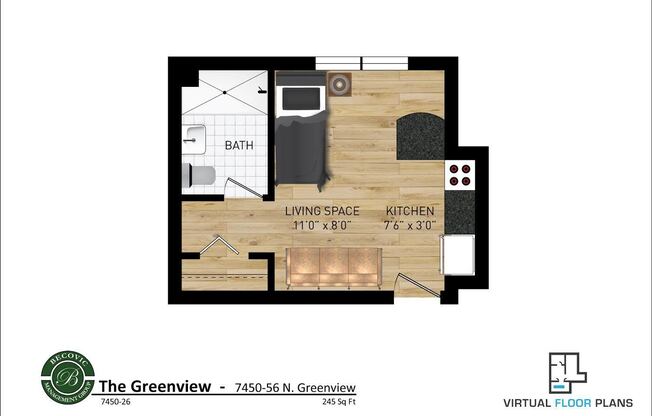 Studio, 1 bath, 250 sqft, $1,250, Unit 7450-26