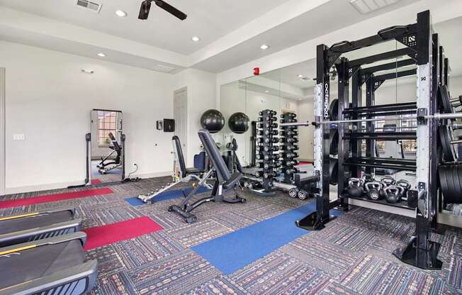 A gym with a variety of equipment including weights and a treadmill.