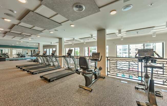 a gym with cardio equipment and windows at the heights at Pinnacle Apartments, Jacksonville, FL