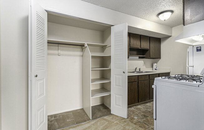 a kitchen with a closet and a stove and a sink