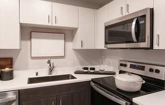 a kitchen with a stove and a microwave and a sink