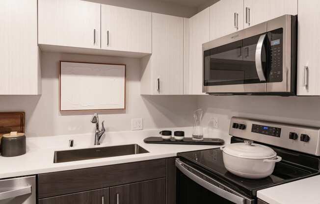 a kitchen with a stove and a microwave and a sink