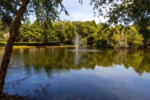 a fountain in the middle of a lake