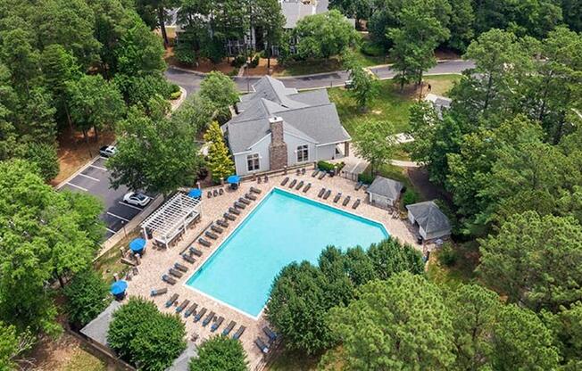 an aerial view of a house with a swimming pool at Trails at Short Pump Apartments, Richmond, VA