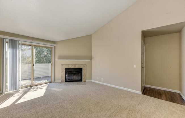 Empty Living Room with Carpet, Large Window and Fire Place