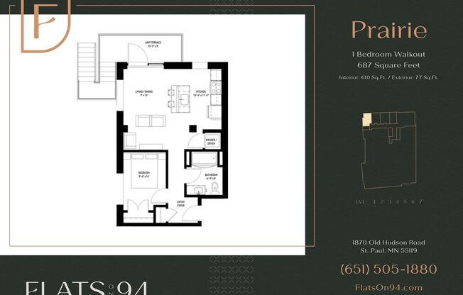 1 bed, 1 bath, 610 sqft, $1,508, Unit 101 - Prairie