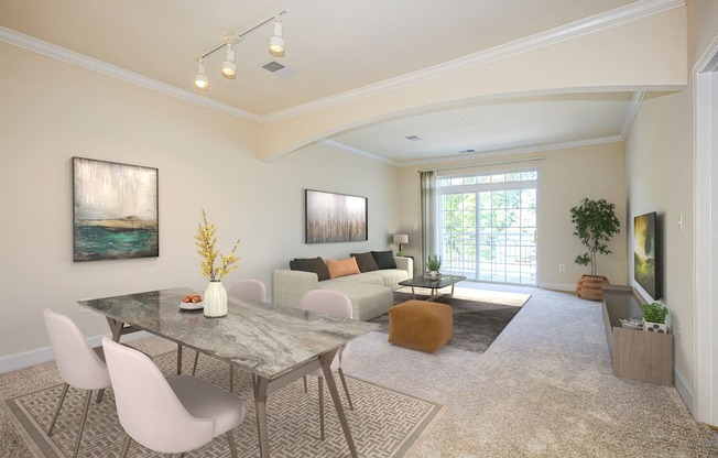 a living room with a couch and a table