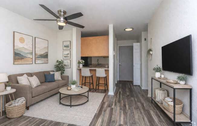 A living room with a couch, a coffee table, and a ceiling fan.