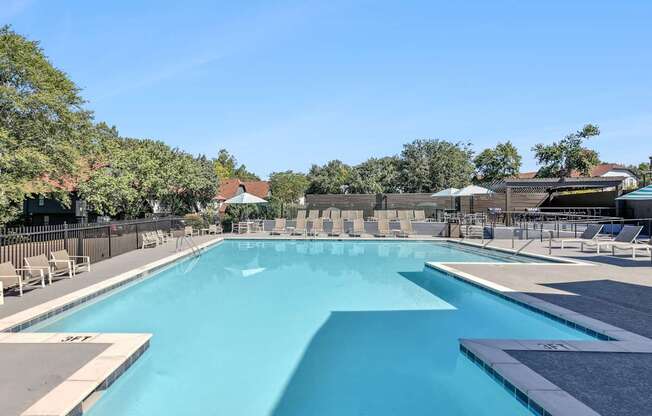 A large outdoor swimming pool surrounded by lounge chairs and trees.