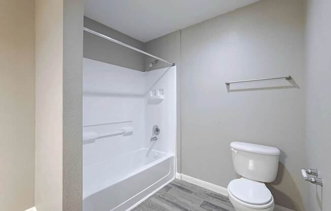 A white toilet sits next to a walk-in shower in a bathroom.