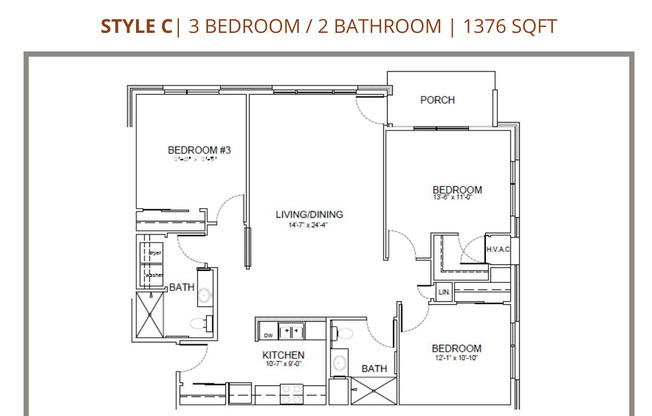 3 beds, 2 baths, 1,376 sqft, $1,515, Unit 114